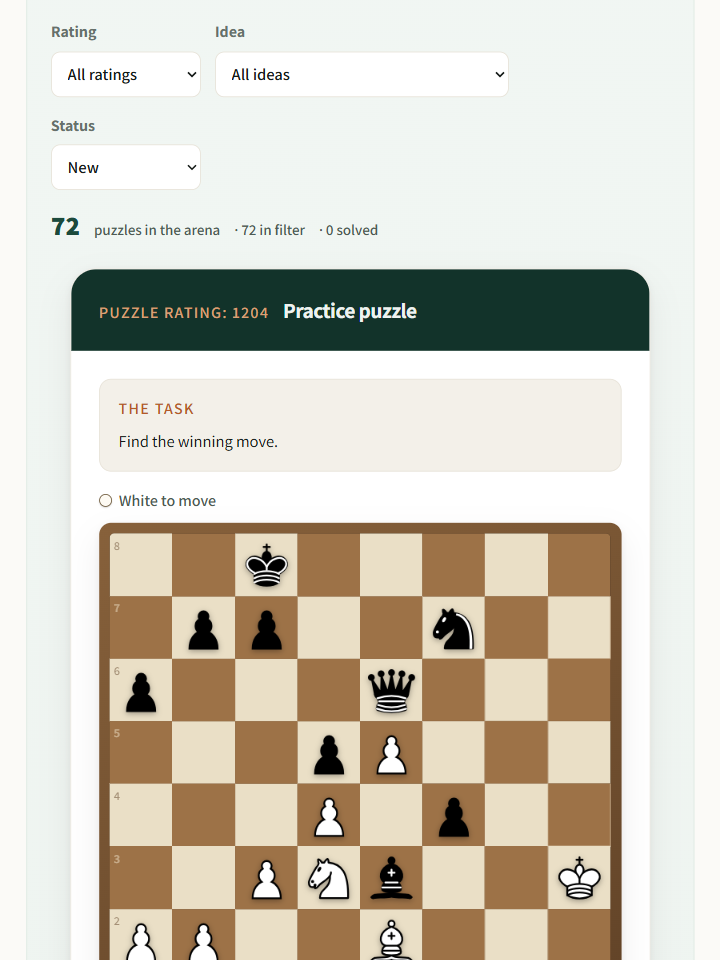 The practice arena: three filters, the puzzle counter, and an open puzzle card.